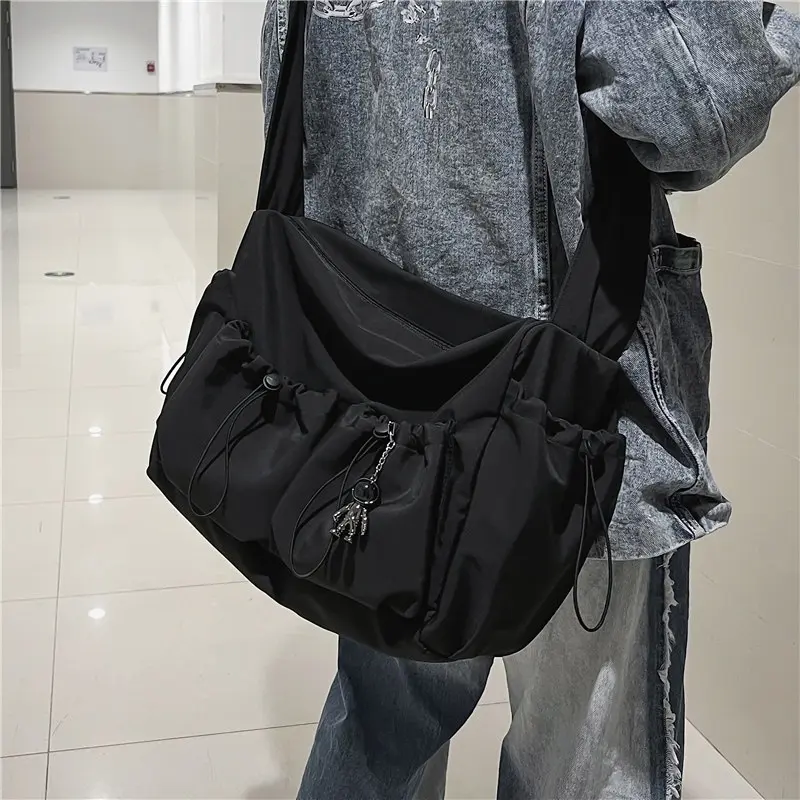 Multi Drawstring Pocket Crossbody Shoulder Bag, Lightweight Nylon Messenger Bag, Adjustable Strap Casual Daily Tote Bag, Unisex Storage Bag For Student Commuting Outdoor Walking Travel