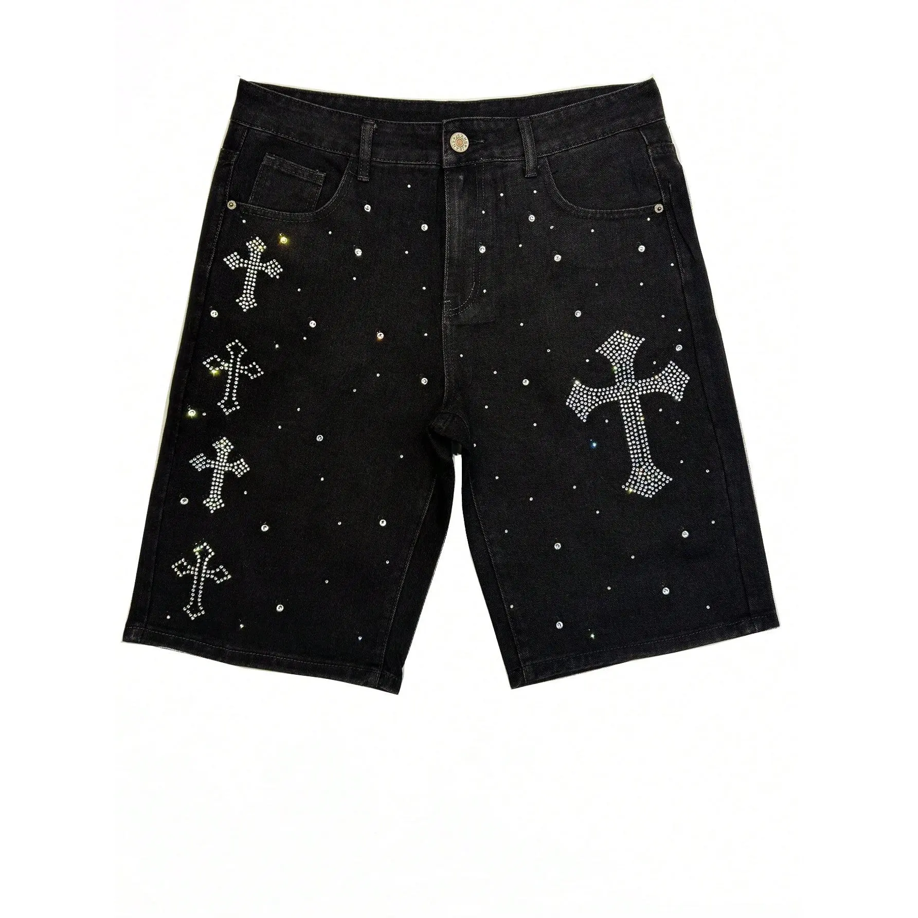 Men's Casual Emo Streetwear Jean Shorts, Relaxed Fit Denim with Rhinestone Cross Graphic & Adjustable Waist, Menswear, Clothes, Customized, Vests, Adjustable Shorts, Graphic Tees, Classic, Zipper, Rhinestones