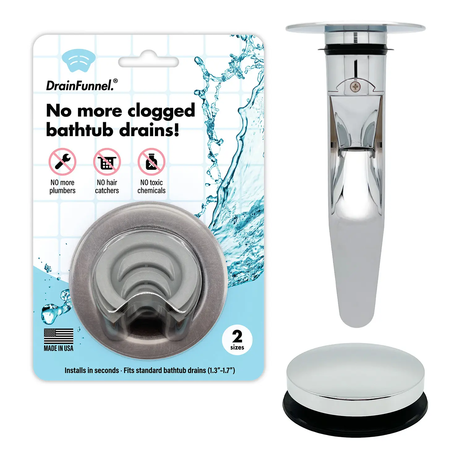 DrainFunnel Tub and Sink Bundle with Gray DrainFunnel, Chrome Plated SinkFunnel, and Chrome Stopper
