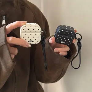 Polka Dot Leather Short Rope Earphone Case for Apple AirPods Pro 2/3/4/2, Fashionable Women's Simple Earphone Cover, Earphone Protective Cover
