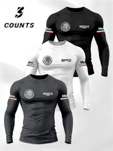 Men's Mexican Emblem Letter Print Round Neck Shirt, 3 Piece Long Sleeve T-Shirt Set, Spring & Fall Fashion Casual Wear, Menswear, Tops, Casual Fashion Clothing