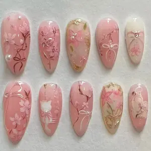 Pearl Shimmer Gradient Press-On Nails with Flower, Bow Designs and Nail Charms, 24 Pieces Detachable Nail Art Set for Elegant Manicure