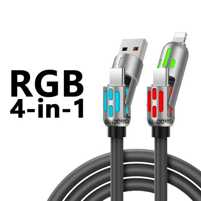 4-in-1 Multi Charger Cable - Fast Charging Solution with Quick Charge, Data Sync, USB-A, USB Type-C, Lightning Connectors, Breathing Light for Smartphones (Home Supplies, Festive Supplies)