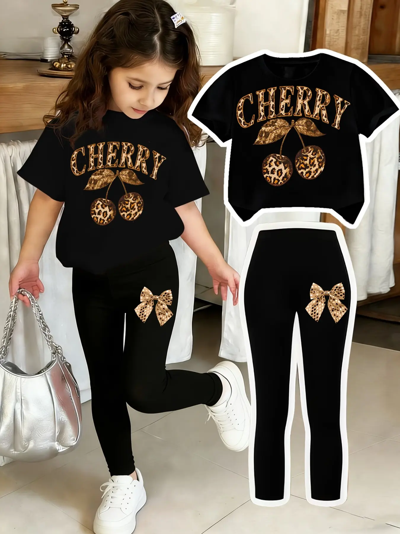 Sweet Cool Girl Exclusive Set, Leopard Print Cherry Bow Pattern, Animal Print Set, Kids Casual Two-Piece Set, Comfortable Elastic Waist Pants, Ages 4-12