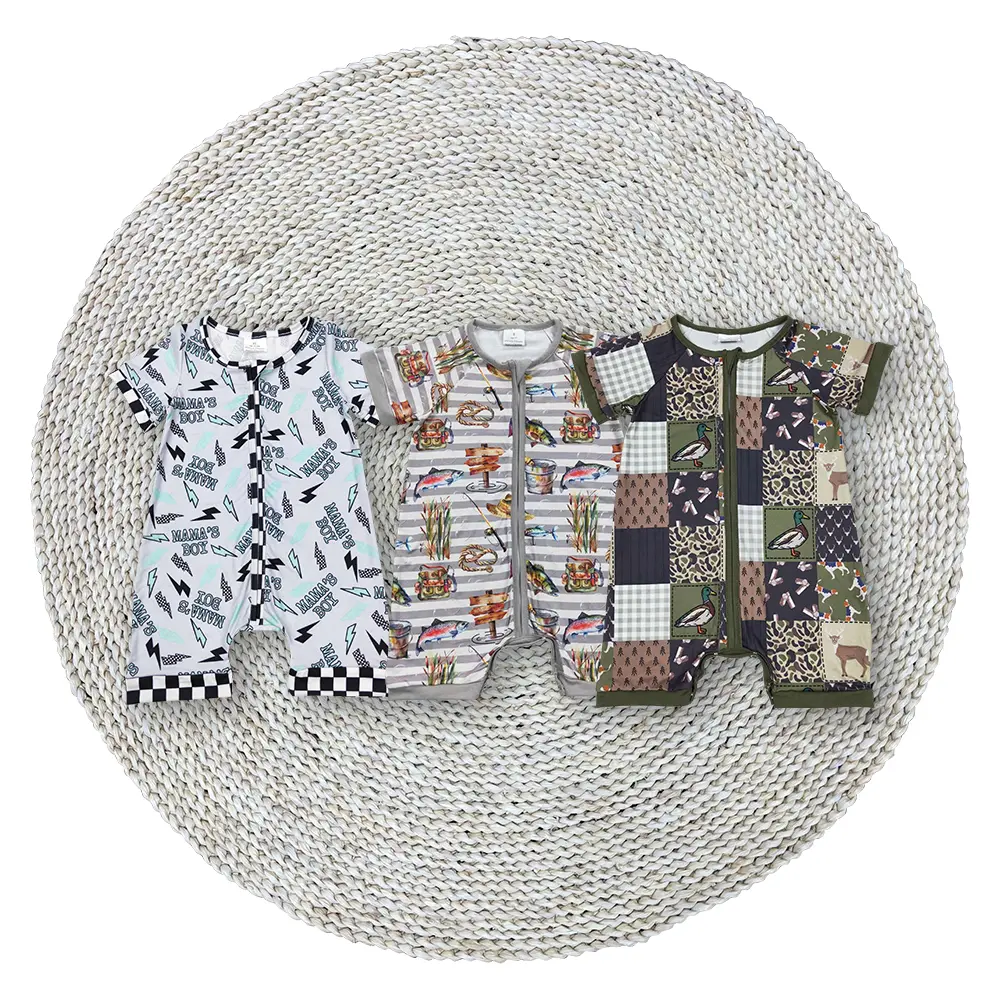 Baby Boys Southern Deer Mallard Ducks Dogs Zip Summer Boutique Short Sleeve Rompers