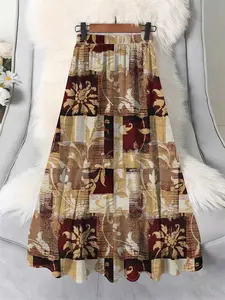 Plus Size Women's American Vintage Floral Full Print Skirt, Elegant Chic High Waist Loose Fit Long Dress, Casual Spring & Fall Fashion