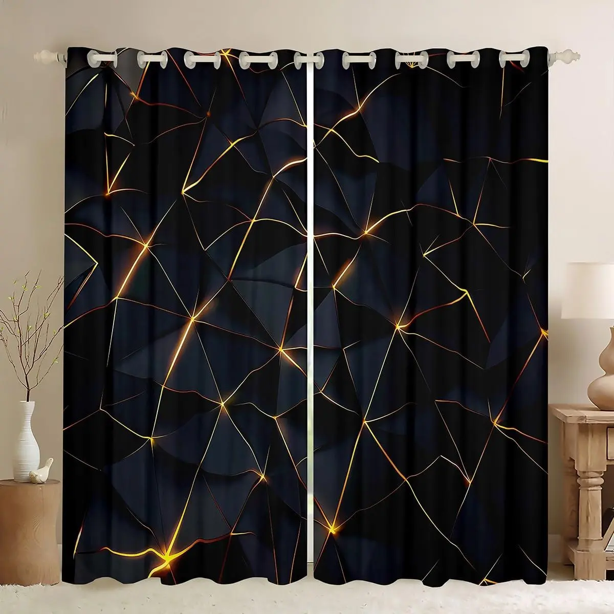 Feelyou 2-Panel 3D Black Gold Honeycomb Geometric Bold Pattern Curtains - Beautiful Patterns Custom Size Home Decoration, Soft Interior Furnishing Accessory for Bedrooms, Beautiful Patterns Curtains