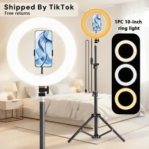 10.26-Inch/26cm Selfie Video Light with 43.3-Inch Extendable Tripod Stand & Phone Holder for Video Recording Makeup TikTok Photography Adjustable LED Circle Lighting Setup#valentines day#Mother's Day Gift
