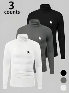 Men's Casual High Neck Thermal Top Set, Classic Colors, Fitted Home Wear, Fall & Winter Clothing, 3 Piece