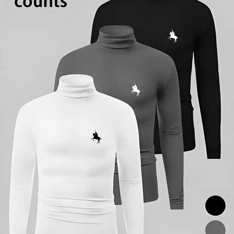 Men's Casual High Neck Thermal Top Set, Classic Colors, Fitted Home Wear, Fall & Winter Autumn Clothing, 3 Piece