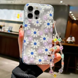 Daisy Pattern Phone Case with Beaded Chain, Cute Decorative Phone Protector Cover, Phone Accessories Compatible with iPhone 7 8 11 12 13 14 15 16 Series