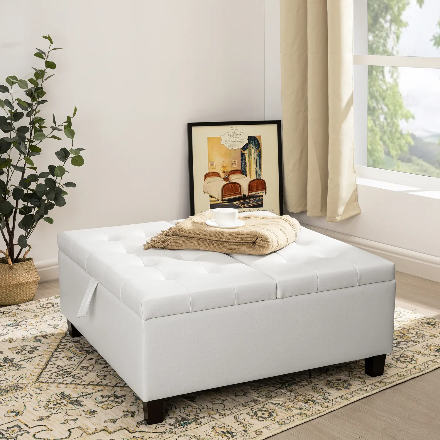 Oversized Square Tufted Leather Ottoman Coffee Table - Lift-Top Upholstered Storage Ottoman, Living Room Furniture for Seating and Organization