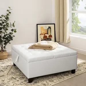 Oversized Square Tufted Leather Ottoman Coffee Table with Lift-Top Design – Upholstered Storage Ottoman for Living Room Seating and Organization.
