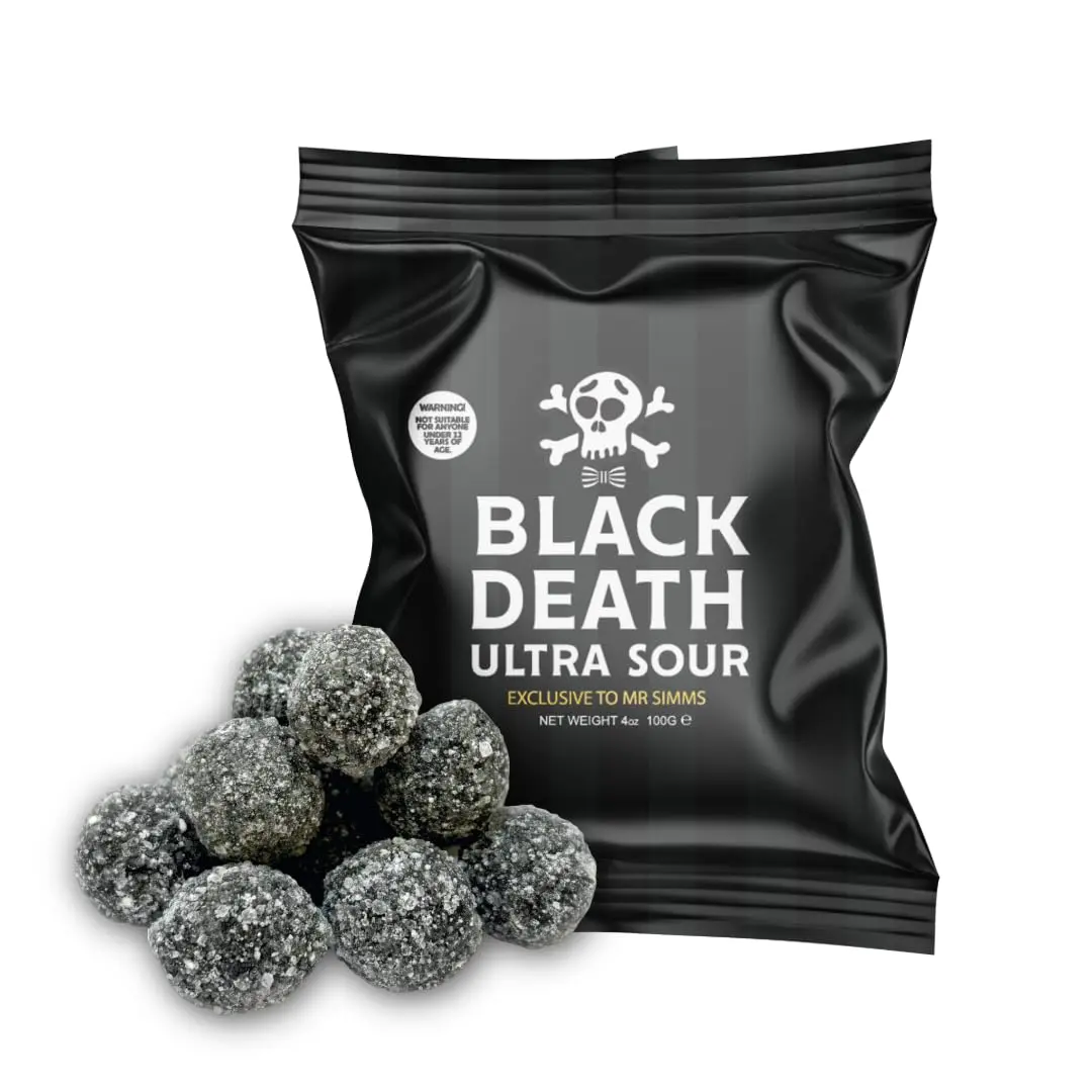 Mr. Simms Black Death Ultra Sours Candy | Extreme Sour Candy  NOT SUITABLE UNDER 12 YEARS OF AGE