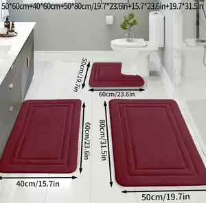 3pcs Soft Bath Mat Set for Bathroom - Includes 50x60cm, 40x60cm, 80x60cm Mats in Burgundy Color - Perfect for Home Decor