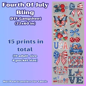 G54 Fourth Of July Faux Bling Gangsheet transfers for shirts (15 Transfers)