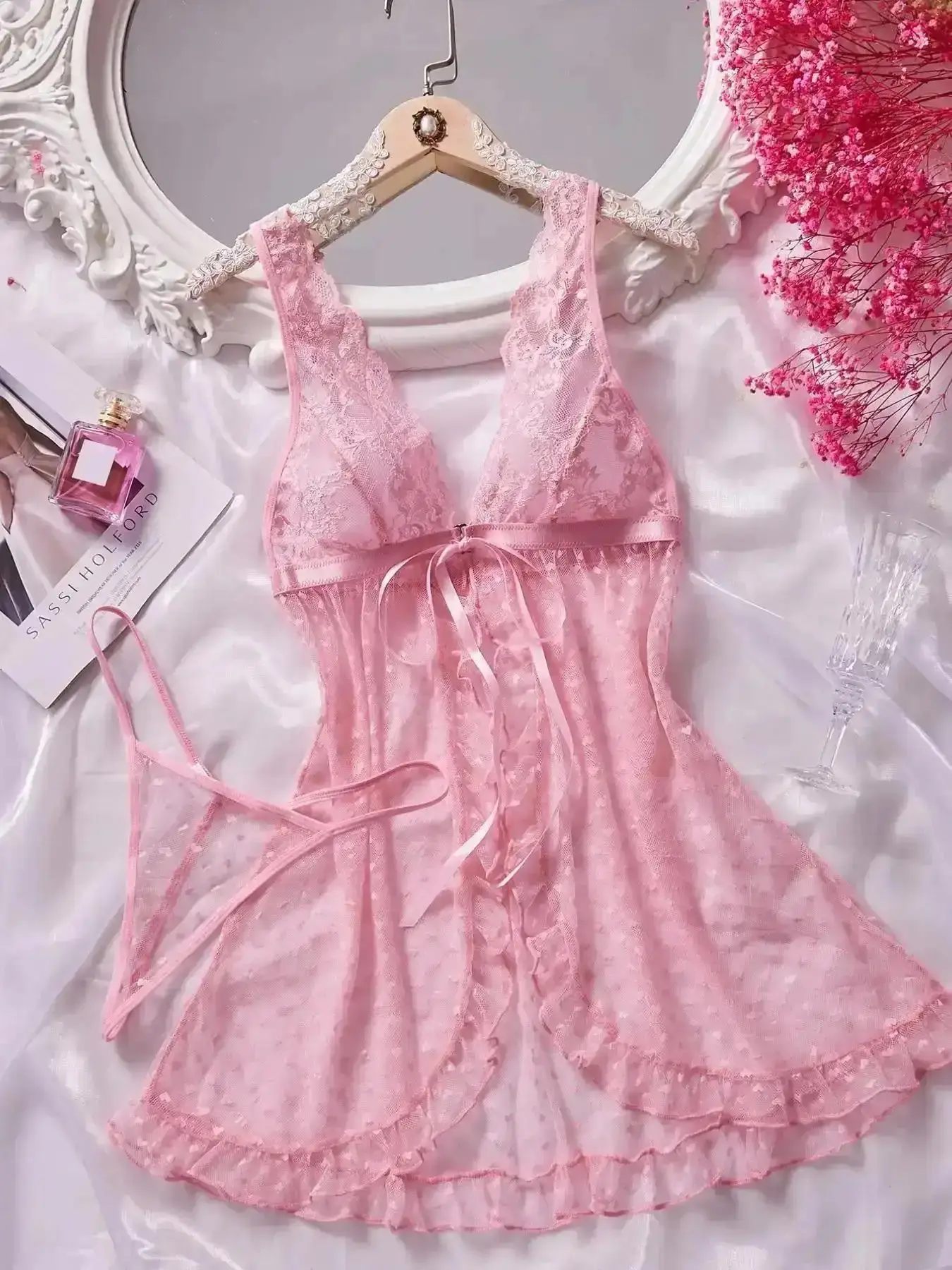 Luxury Women's Valentine's Day Gift, Casual Cute Embroidered Pajama Set, Nightwear, Loungewear, Deep V Neck, Floral Embroidery, Semi-Transparent, Sleeveless, Everyday Chic, Athleisure, Brunch Outfit, Coffee Date