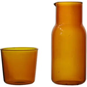 Bedside Glass Water Carafe Set with Cup, Glass Carafe with Lid Mouthwash Cups for Bedroom Bathroom Juice Wine Milk 19oz Amber