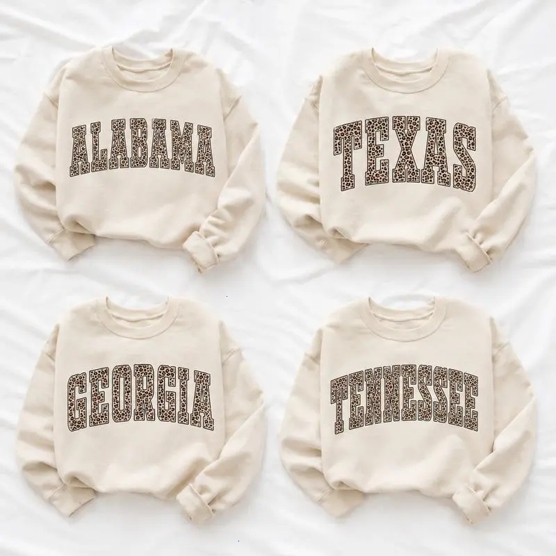 Leopard 50 States Sweater, Custom Any State Name Pullover Sweatshirt, College Leopard Print Shirt, Personalized State Gift for Her, Unisex Cotton Crewneck, Trendy Varsity Style Top