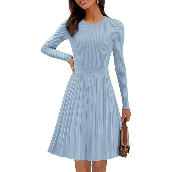 MEROKEETY Women's 2025 Long Sleeve Mini Sweater Dress Crewneck Ribbed Knit A Line Pleated Swing Short Dresses