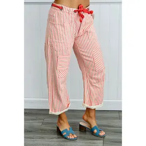 Coral Peach Striped Twill Barrel Pants (Reg & Plus)