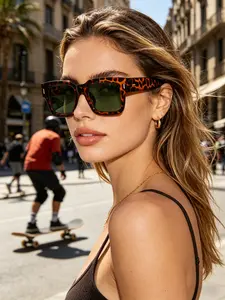 European and American Trendy Leopard Frame Sunglasses, Green Lens Square Retro Shades, Fashionable Versatile Accessory for Beach, Vacation, Travel, Dating, Photos, Shopping, Going Out, Commuting and Daily Wear, Valentine’s Day Gift