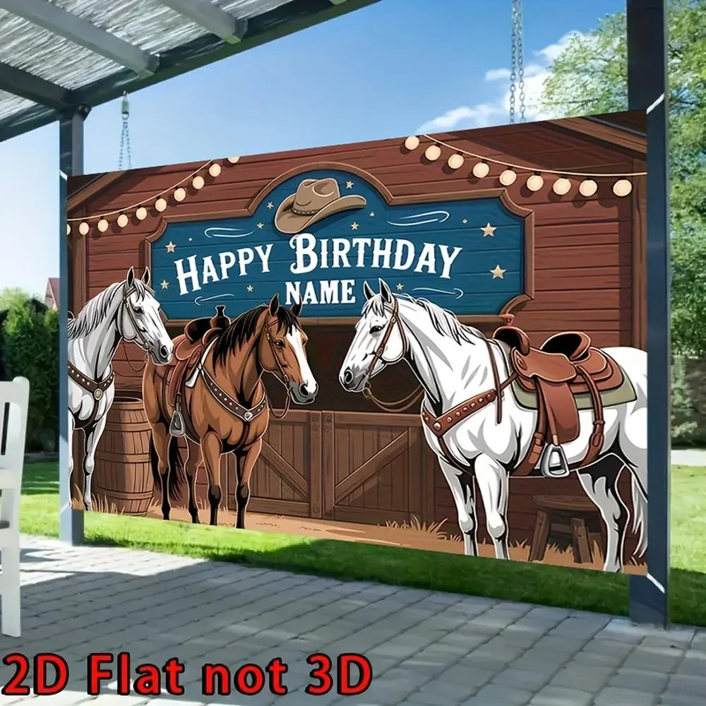 1PC Polyester Reusable 2D Flat Custom Western Cowboy Stable Theme Happy Birthday Wall Hanging Backdrop - Personalized Name, Party Decoration Supplies, Equestrian Photo Background for Kids