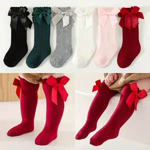 6 Pairs Girls Over The Knee Socks, Solid Color Baby Toddler Knee High Socks with Bow Details, Princess School Uniform Socks, Soft Stretchy Non-Top Socks