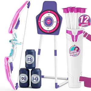 Bow and Arrow for Kids 4+, LED Light Up Archery Set with 12 Suction Cup Arrows, 1 Standing Target, 3 Score Targets&1 Quiver, Indoor Outdoor Sport for Boys Girls Ages 8-12, Purple