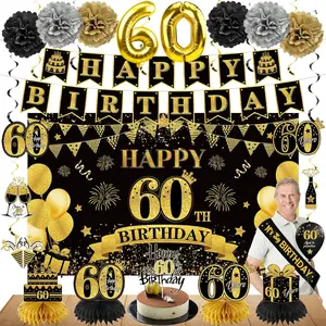 42 count 60th Birthday Decoration Kit for Men Women, Black  Happy 60th Bday Banner Balloons Honeycomb Centerpiece Swirl Paper Pompoms Party Supplies, 60 Bday Sash Table Cake Topper Swirls Set