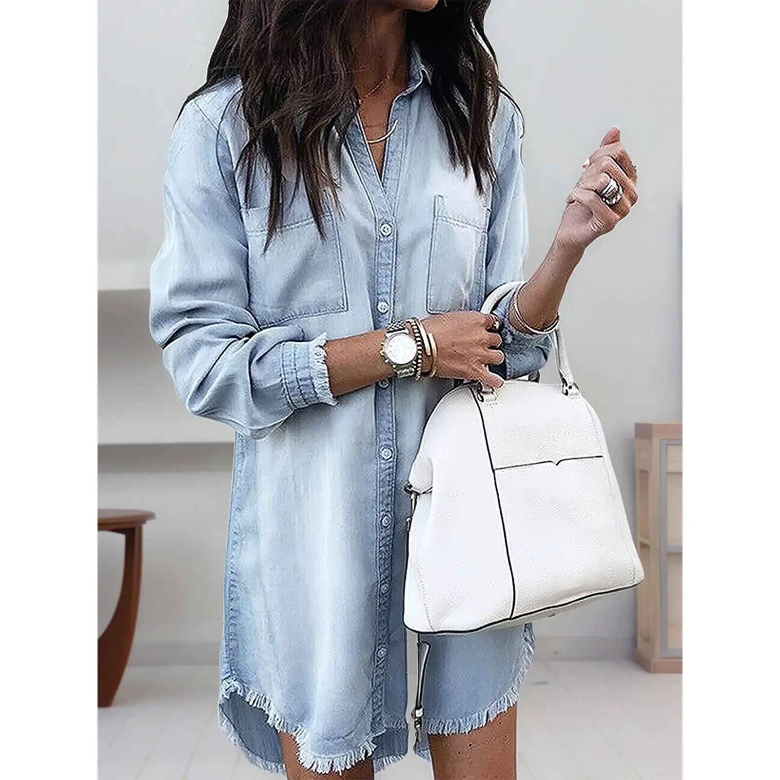 New Autumn Denim Skirt, Long-sleeved Denim Shirt Dress, Denim Top With Fringe, Casual Versatile Style, Suitable For Various Occasions