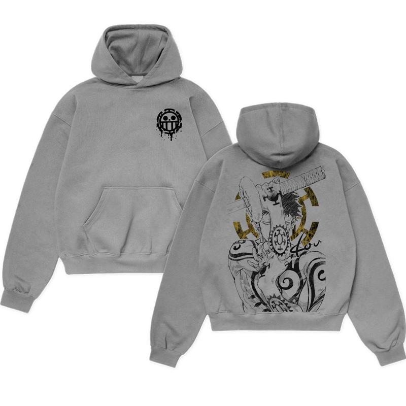 (Collection) Trafalgar D. Water Law Hoodie – One Piece Anime Surgeon of Death Graphic Oversized Cotton Pullover, Heart Pirates Logo Streetwear for OP Fans and Anime Lovers tee shirt Retro Washed Unisex T-shirt gift