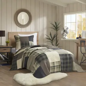 Woolrich WR13-3918 Winter Hills Oversized Cotton Quilt Set, Tan - Twin/Twin Extra Large, 70x90x0.25in, All Season, Checked, Classic Style, Comfortable, Country Cottage, All Season Quilts, Checked Quilts