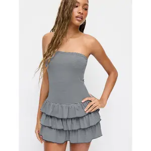 Cider Striped Bandeau Ruffle Tiered Mini Dress Dealsforyou