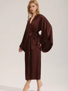 Elegant Silk Robe Gowns with Lace Trim, Luxury Velvet Belt, Soft Comfortable Women's Sleepwear Loungewear, Ideal for Evening Relaxation