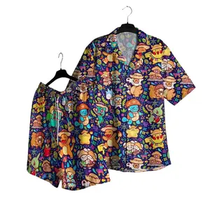 Mexican Festival Hawaii Hawaiian Shirt PKM - Palm Tree Anime Manga Shirt Video Game Fans Aloha Button Up Tropical Beachwear Vintage Anime Graphic Shirt Casual Summer Vacation Outfits Unisex Retro Pocket Monster Apparel Birthday Gift For Him