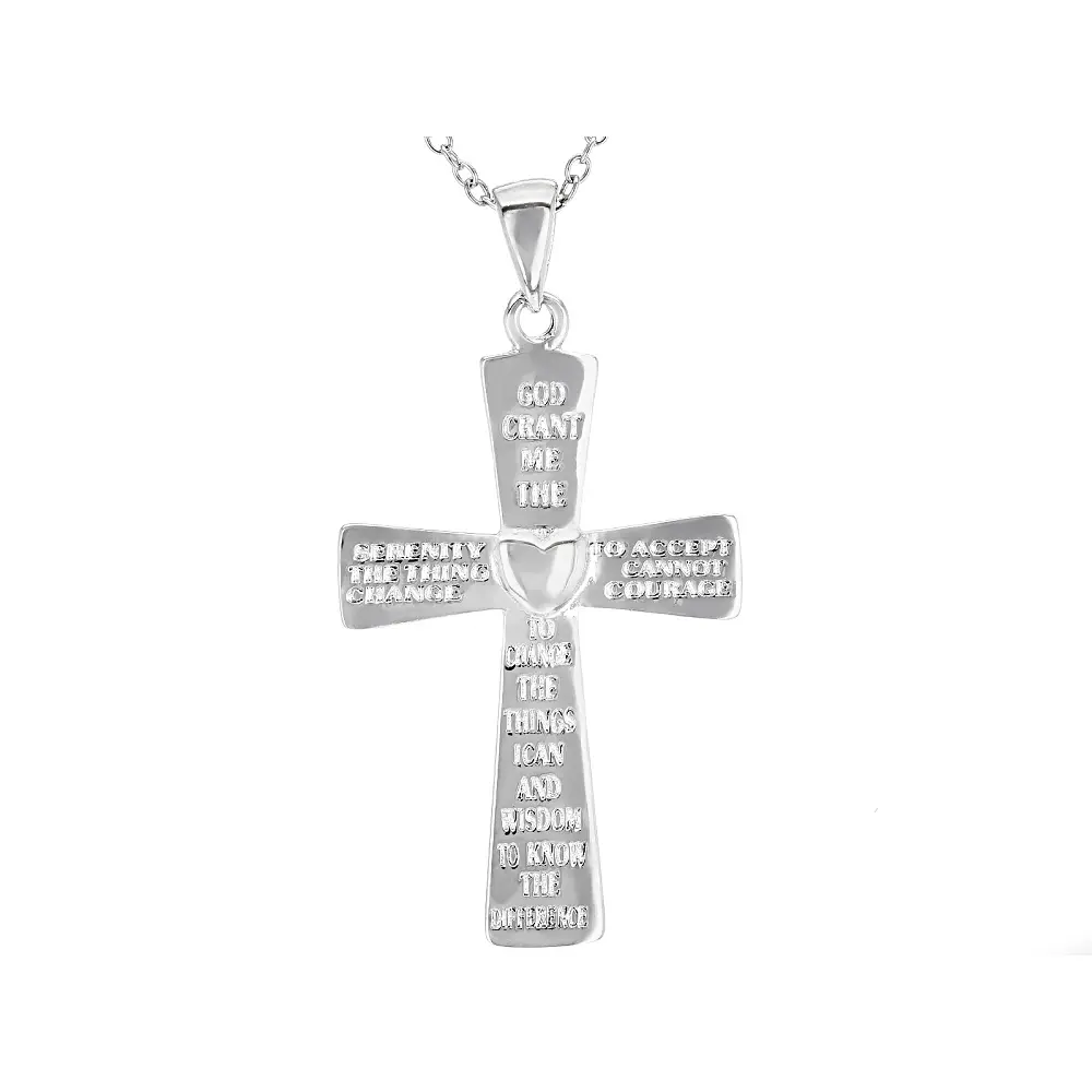 JTV Rhodium Over Sterling Silver Inscribed Cross Pendant With 18 Inch Cable Chain