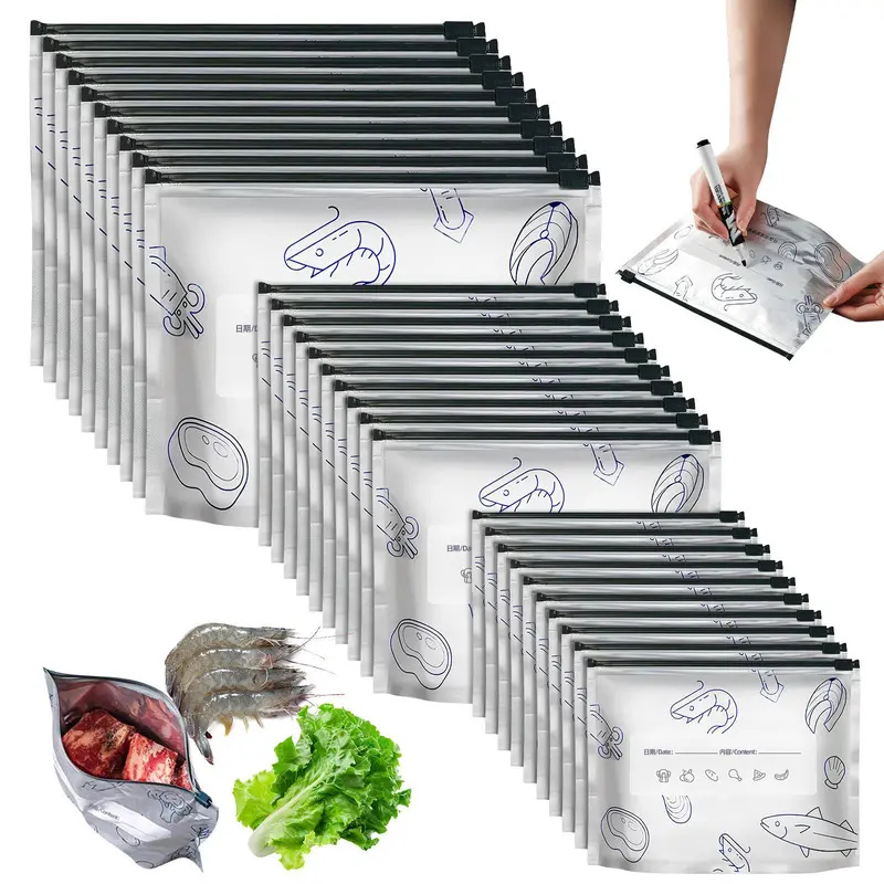 30 PCS Thick Reusable Aluminium Airtight Container Set - Multi-Size (3 Sizes), Insulation, Self-Sealing, Light-Block Seal, Freezer-Ready, Waterproof, Expanded Bottom Stand-Up Food Storage Bags for Kitchen Meat, Eco-Friendly