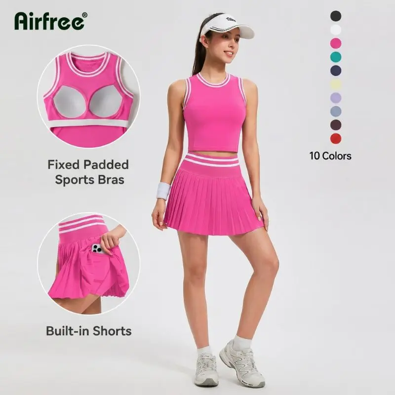 Women's Buttery Soft 2-Piece Tennis Attire, Moisture-Wicking Sleeveless Athletic Running Top and Pocketed Skort Set, Athletic Running Tops, Workout Sets Women, Athletic Wear, Nylon