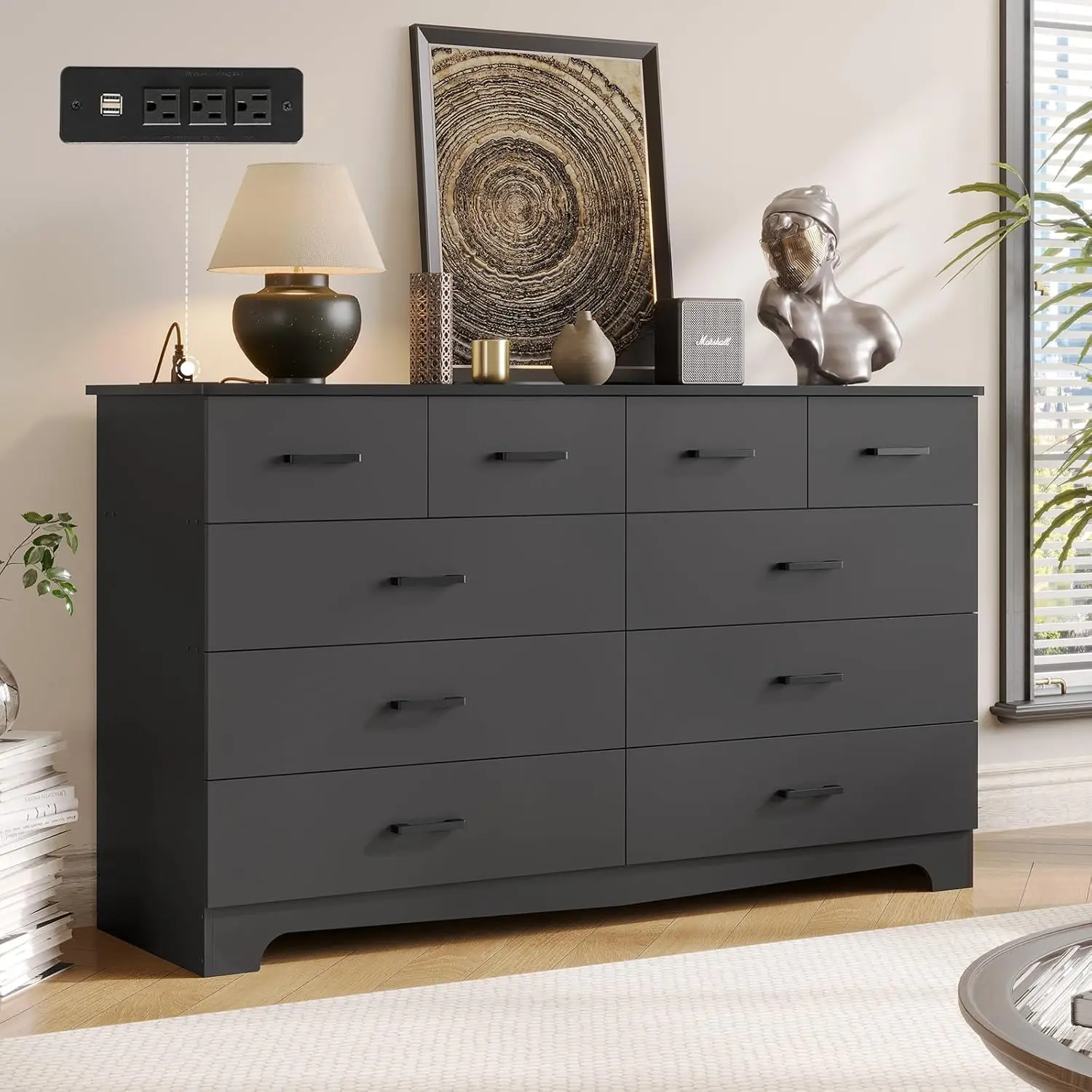 Sikaic 55.1 Inches 10 Drawers Modern Long Dresser with Power Outlets and Ample Storage Organizer for Bedroom bedroom furniture, Home Furniture, Dorm Essentials [tiktokshopbacktoschool]