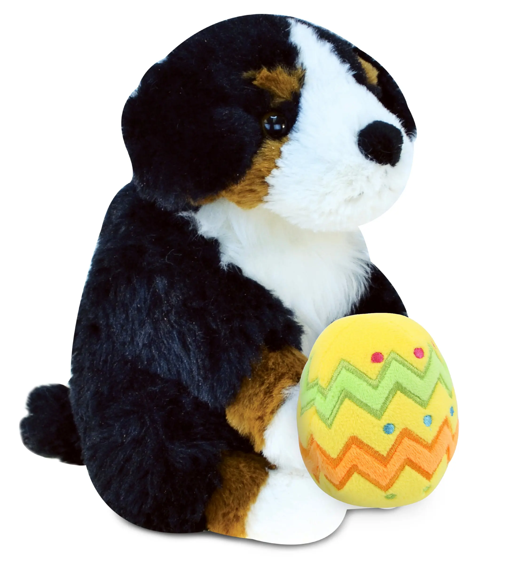 DolliBu Super Soft Bernese Mountain Dog Stuffed Toy - 100% Polyester, 7l x 5w x 8h in, with Yellow Easter Egg, Customization Add-On Options, Suitable for Boys, Any Room