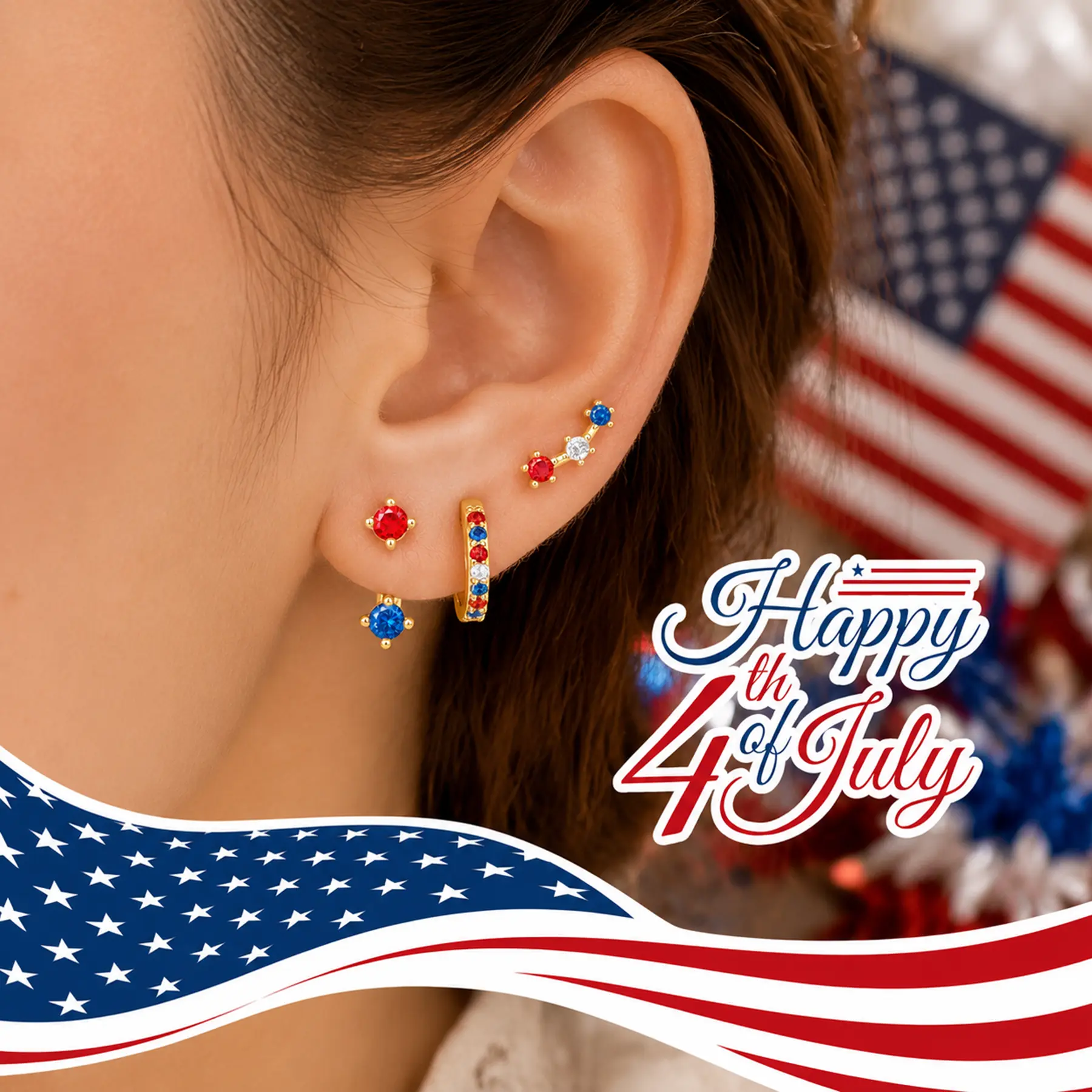 3 Pcs Dainty Small Earrings for 4th of July , Birthstone Stud Huggie Hoop Jacket Stack for Cartilage Helix, 18k Gold Plated Hypoallergenic Cute Women Fashion Accessories Western Jewelry Gifts