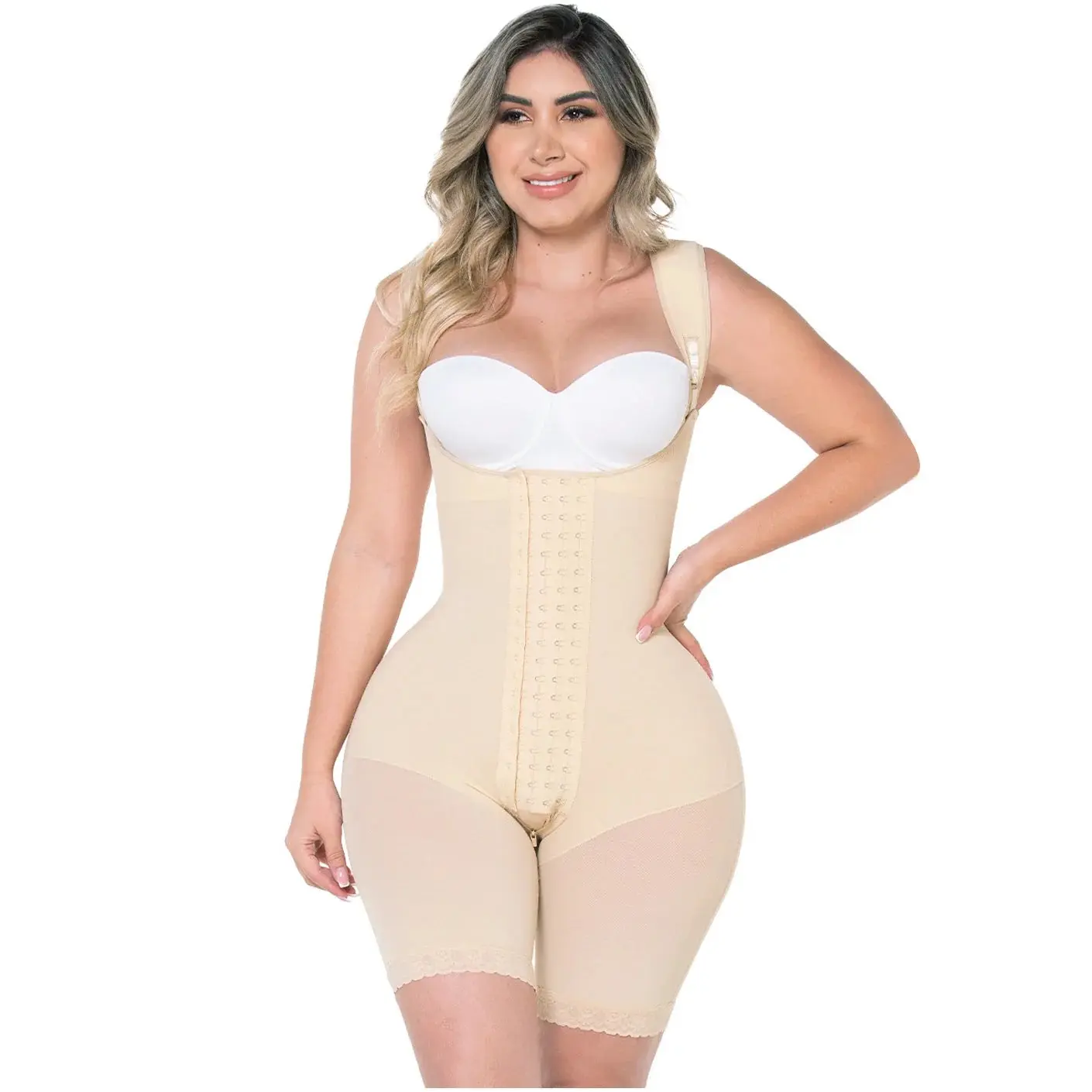 MYD Fajas Colombianas Stage 2 F00489 Hourglass Mid Thigh Shapewear Bodysuit for Guitar and Hourglass Body Types | Faia Ultra Hips Capacity Curvy Fit 4 Levels Hook Eye Closure Zippered Gusset