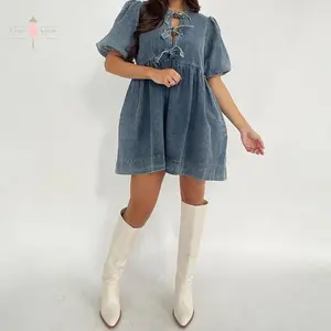 Women Tie Front Denim Dress Round Neck Puff Sleeve A-line Mini Jean Dress with Pockets Blue Casual