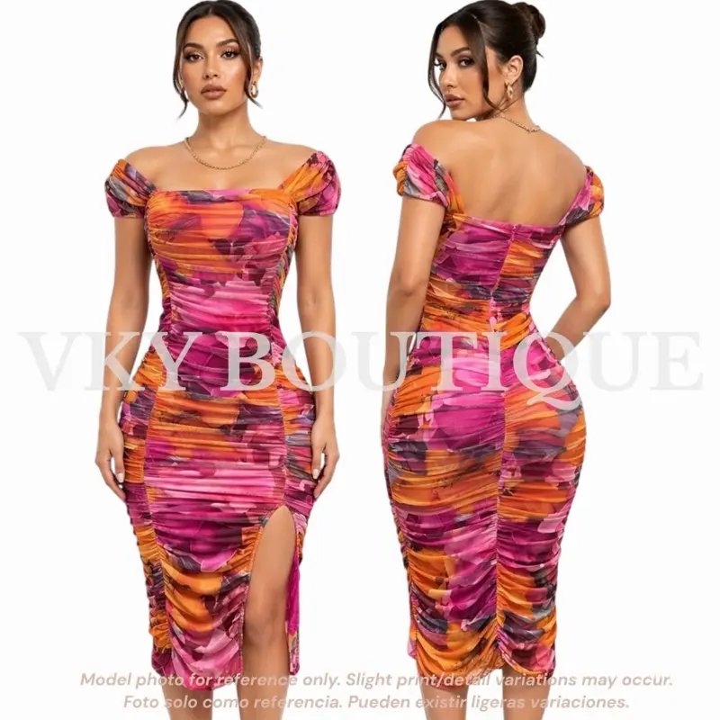 Sunset Print Ruched Midi Dress GU with Off-Shoulder Design and High Slit