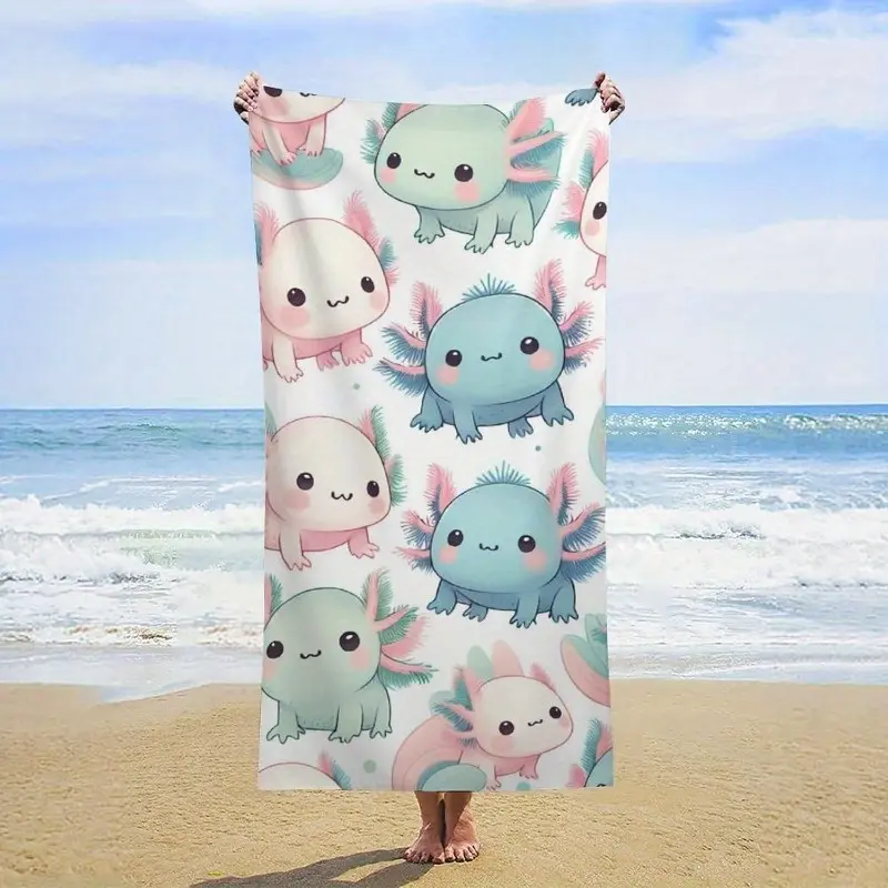 1Pc 27.5X55 Inch Ultra-Soft Mexican Axolotl Cartoon Beach Towel - Woven Polyester, Lightweight, Machine Washable, Water Absorbent, Multi-Use For Sports, Spa, Yoga, Hotel, Gym
