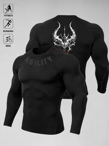 Men's Dark Demon Print Fitness Long‑Sleeve T‑Shirt | AGILITY Functional Quick‑Dry Sports Top, Running Cycling Training Wear, Muscle‑Fit Street Trendy Style, Multi‑Wear Light Outdoor Casual Fitness Apparel