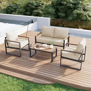 4-Piece Modern Outdoor Rattan Furniture Set, Oversized Aluminum Frame Swivel Sofa Chair with Thick Cushion, Coffee Table for Porch Balcony