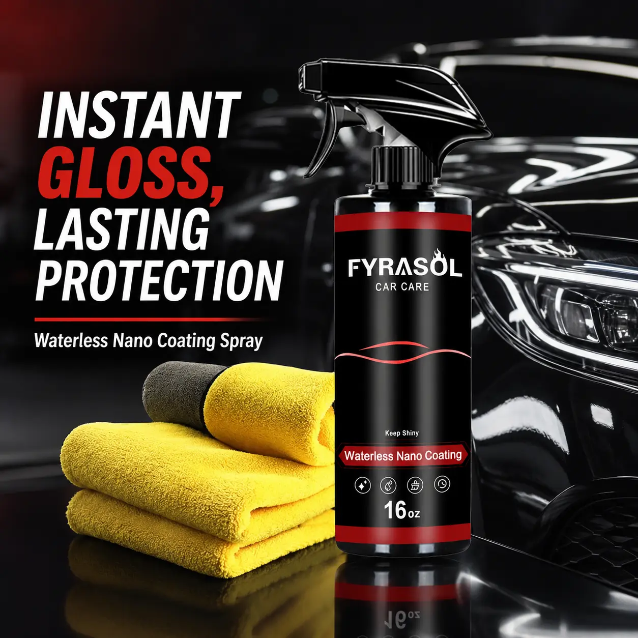 FYRASOL Quick Shine Waterless Emulsion Spray - Automotive Coating Spray, Car Detailing Products, Surface & Paintwork Cleaner, DIY Car Care, Exterior Protection, Instant Gloss, Easy Wipe, Easy Everyday Maintenance, Simple Routine, Waterproof, Surface Clean