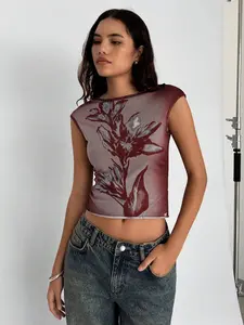 SOLEMN Summer Casual Floral Print Mesh Crop T-Shirt Christmas Flower Red New Year Vacation Valentine's Day Holiday Resort